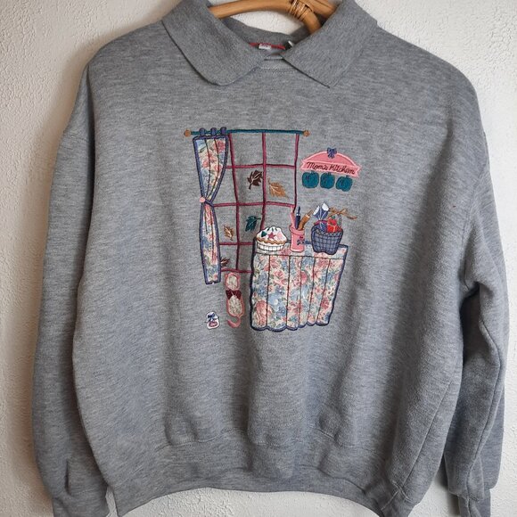 "Mom's Kitchen" Vintage Grey Crewneck Sweater Womens P-Large Country Grandmacore - Picture 1 of 6
